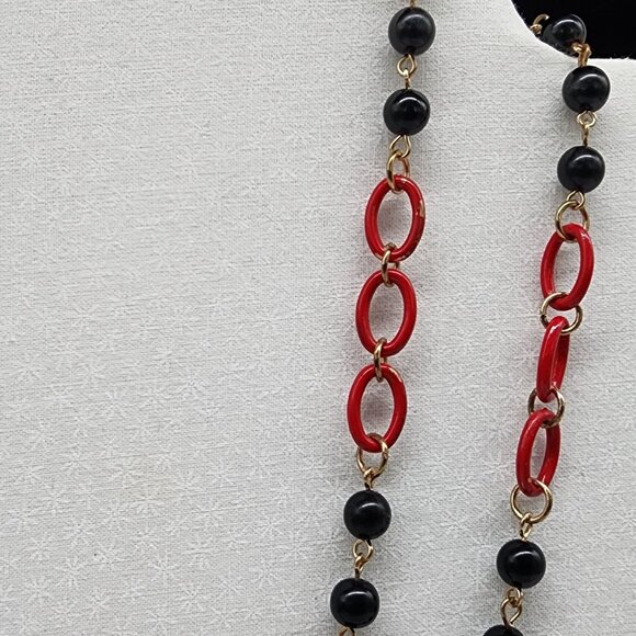 Red & Black Beaded Necklace With Gold Chain Links Adjustable Lobster Clasp - Picture 4 of 6